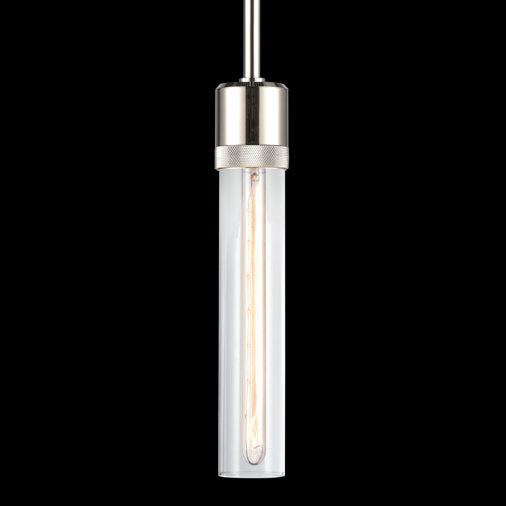 3" E26 Cylindrical Pendant Light, 12" Clear Glass and Polished Nickel Finish