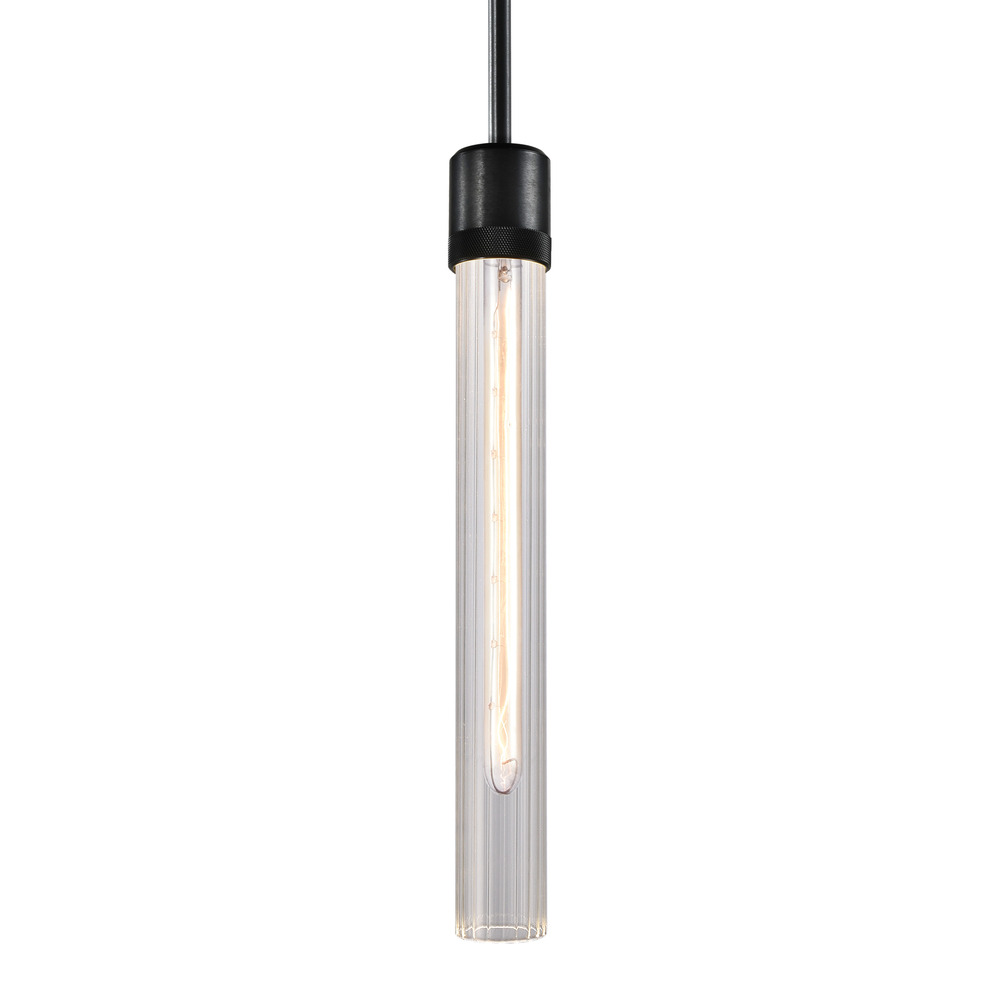 Zigrina 18" Fluted Glass E26 Pendant with Knurled Ring Satin Black