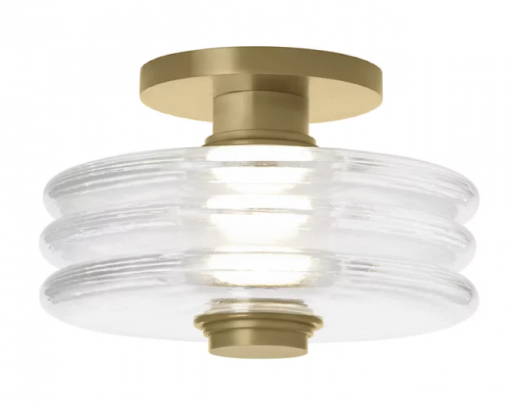 Kelly Wearstler Laurel 1-light dimmable LED medium flush with natural brass finish and crystal shade