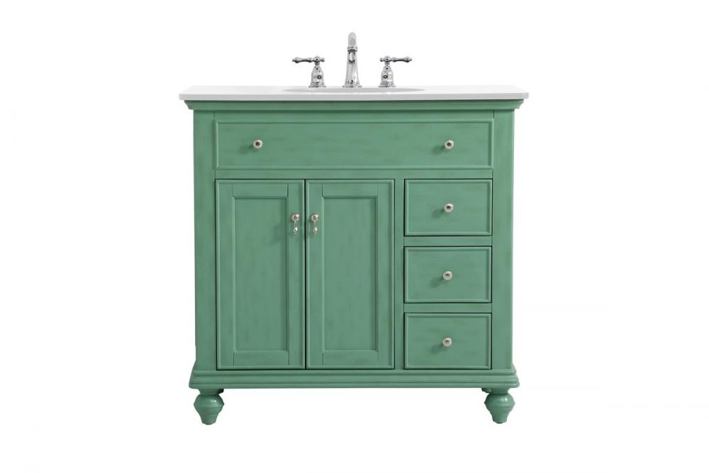 36 Inch Single Bathroom Vanity in Vintage Mint with Ivory White Engineered Marble