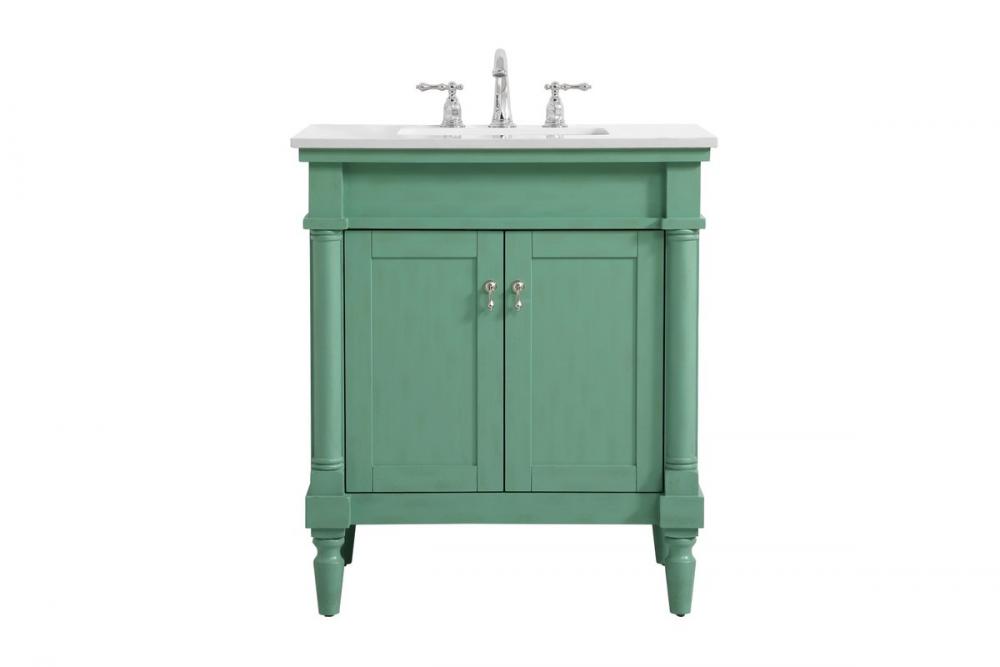 30 Inch Single Bathroom Vanity in Vintage Mint with Ivory White Engineered Marble