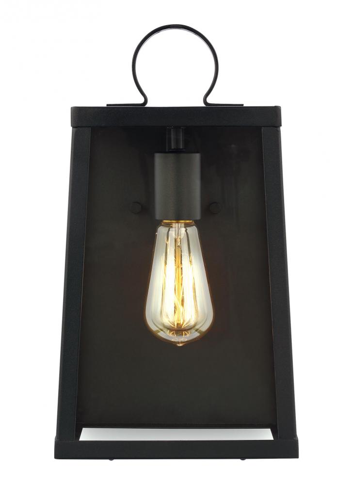 1-light outdoor exterior medium wall lantern sconce in black finish with clear glass