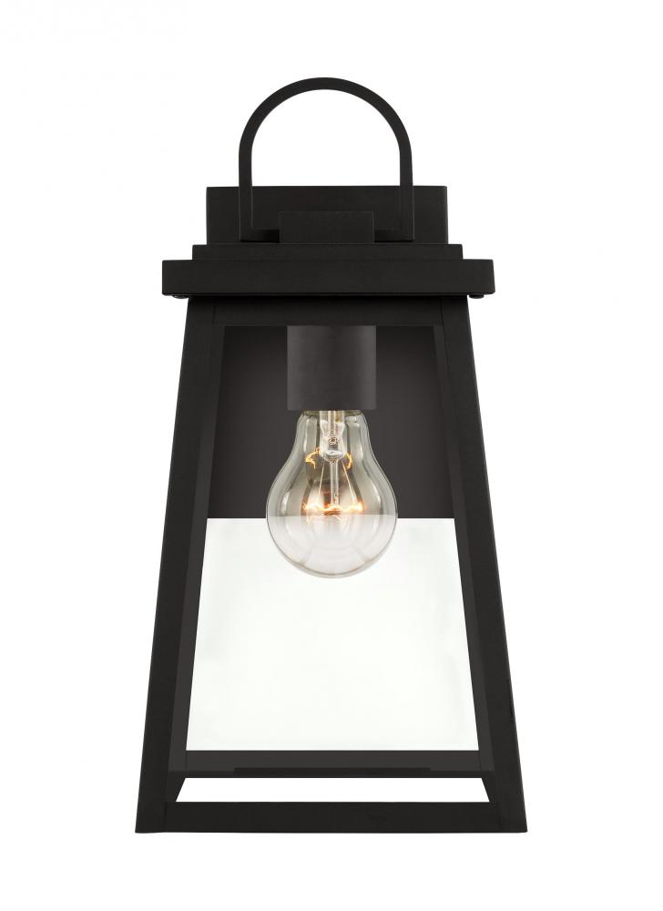 1-light outdoor exterior medium wall lantern sconce in black finish with clear glass