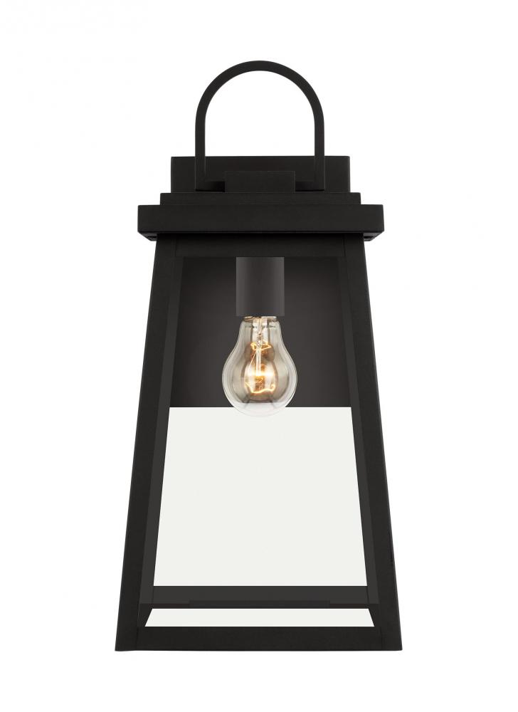 1-light outdoor exterior large wall lantern sconce in black finish with clear glass