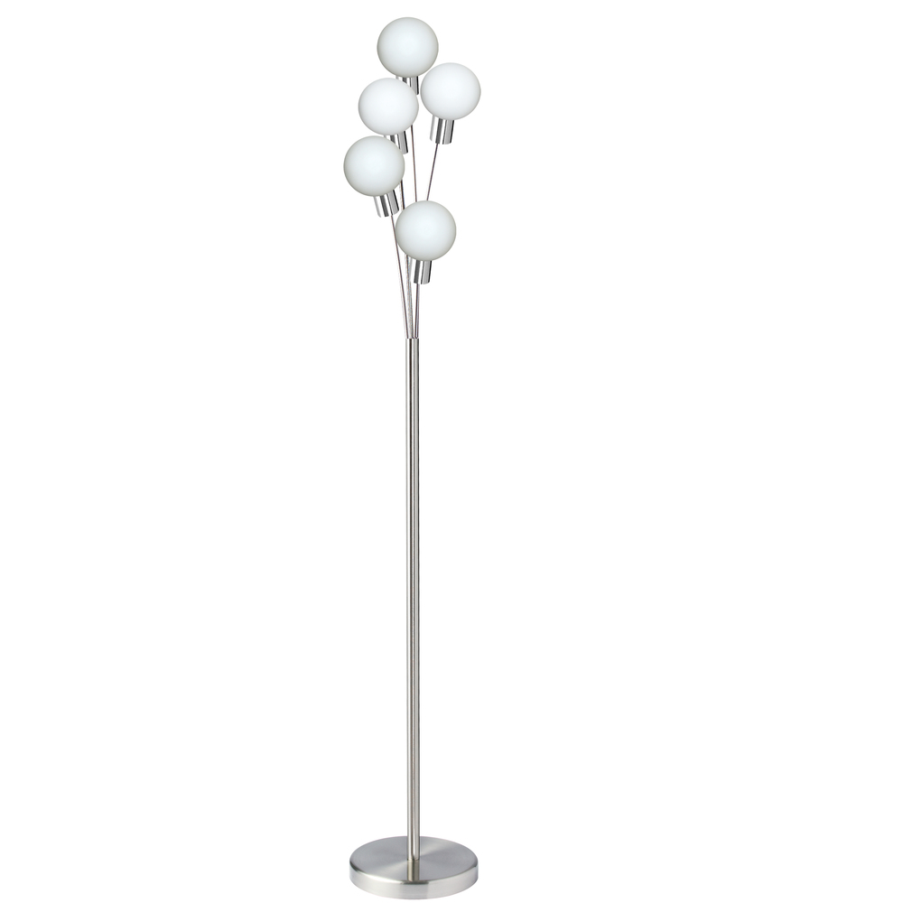 5 Light Incandescent Floor Lamp Satin Chrome Finish with White Glass