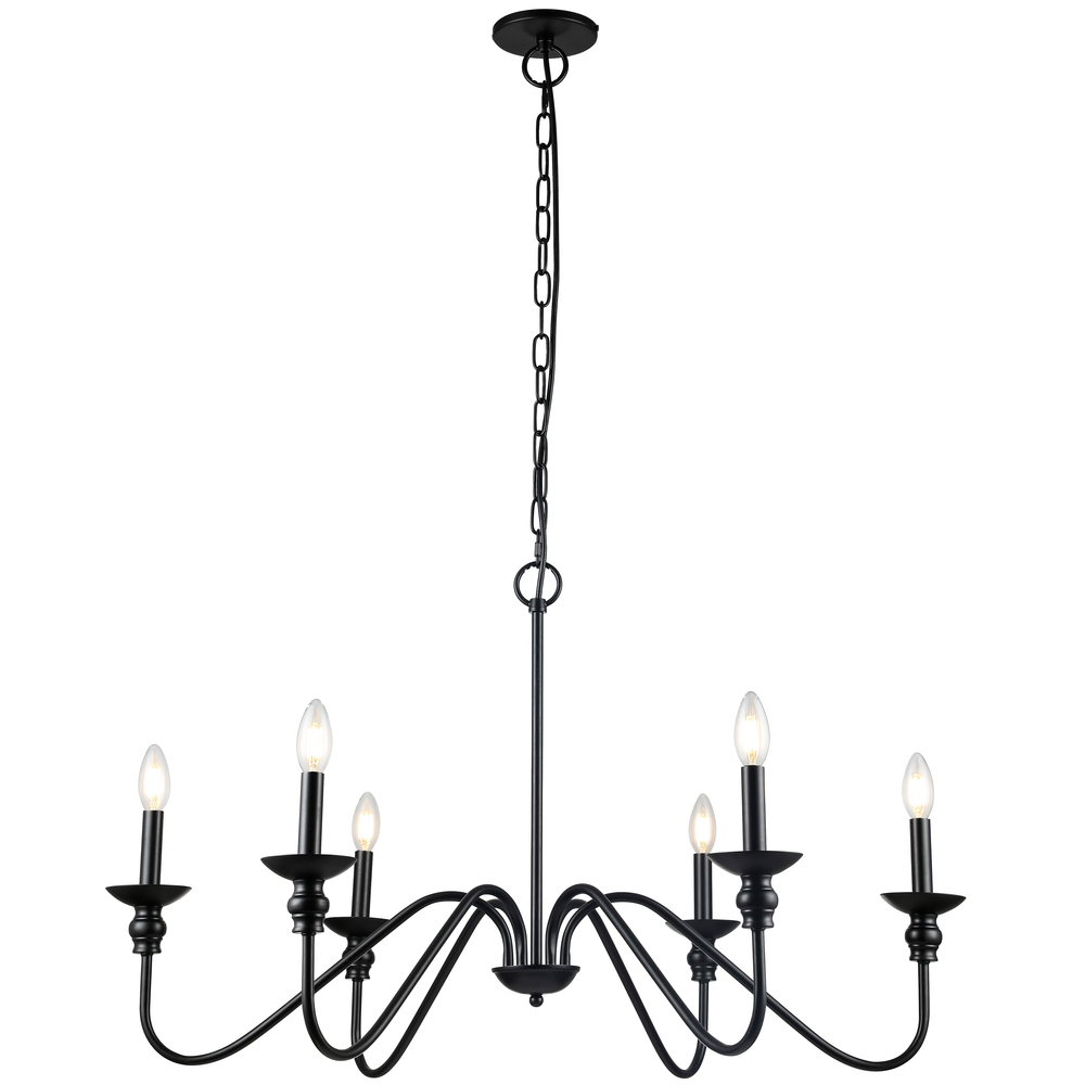 6 Light Incandescent Chandelier, Matte Black