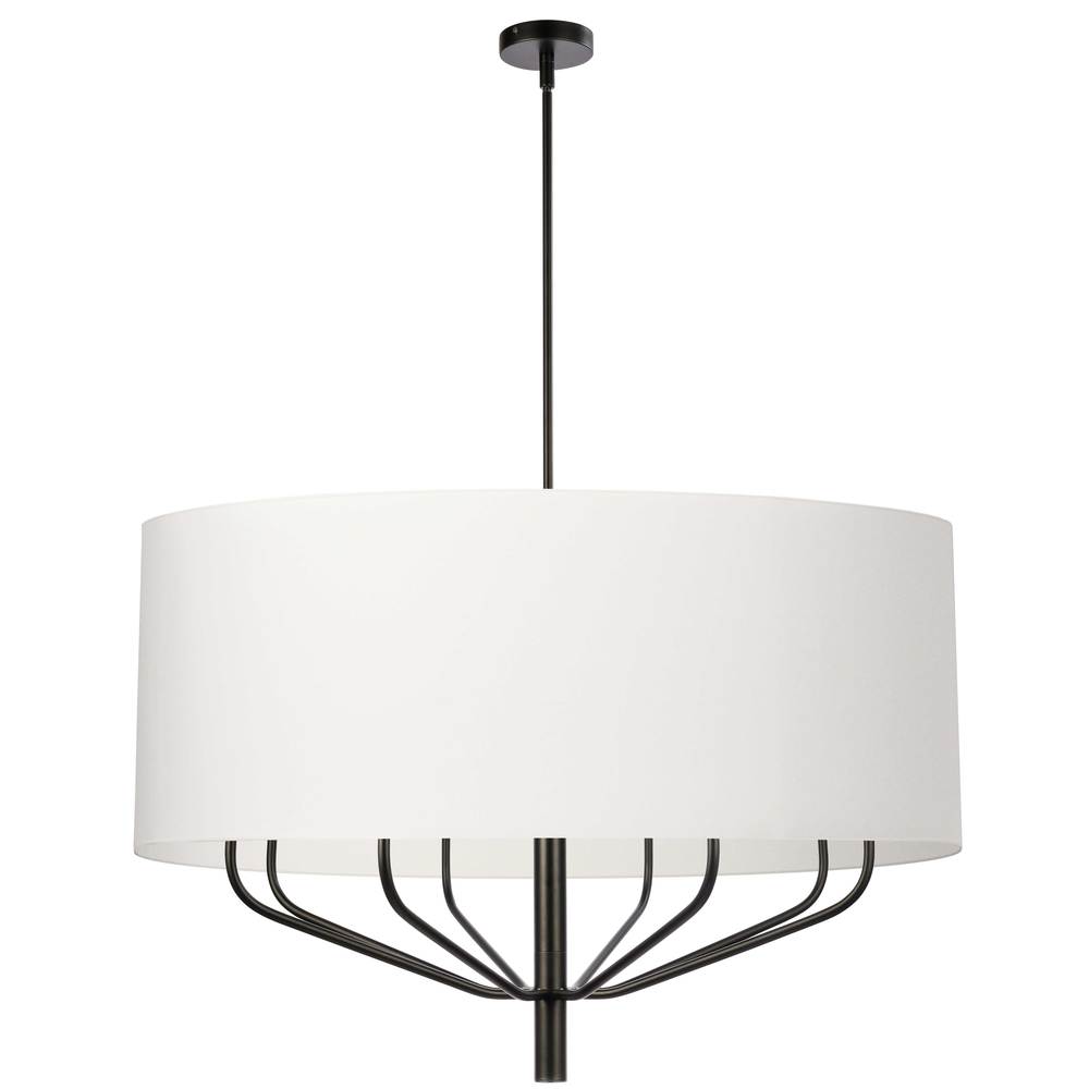 8 Light Incandescent Chandelier, Matte Black with White Shade