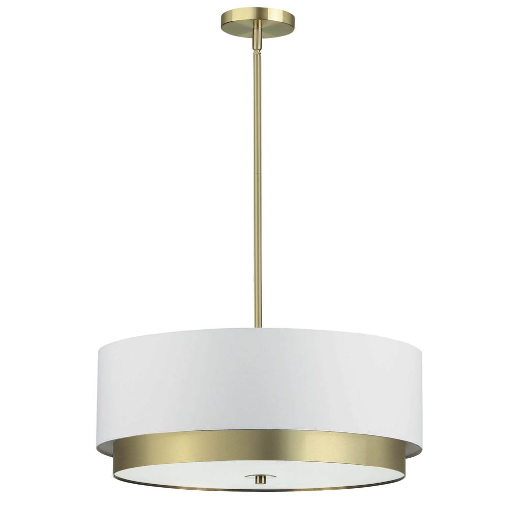 4 Light Large Pendant, Aged Brass with White Shade, Frosted Glass Diffuser