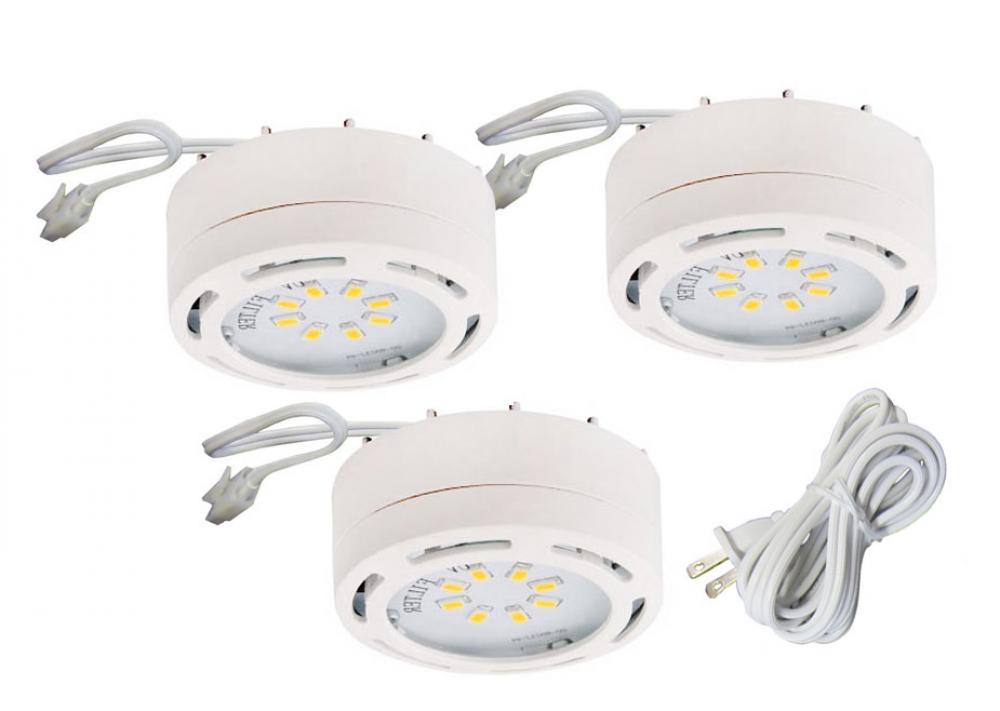 Undercabinet, 120v Linkable LED Puck Light, White,3 Light Kit,8 LEDs, 3000K, 825Lumens