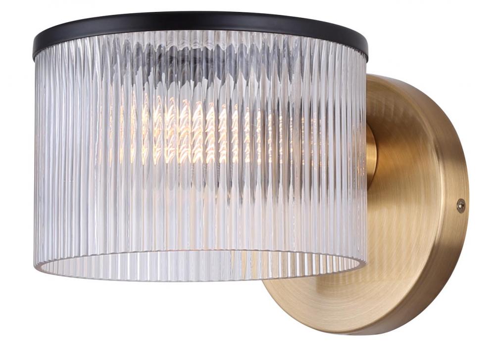 JENNER 8.88 in. 1 Light Matte Black and Gold Sconce with Clear Ribbed Glass Shade