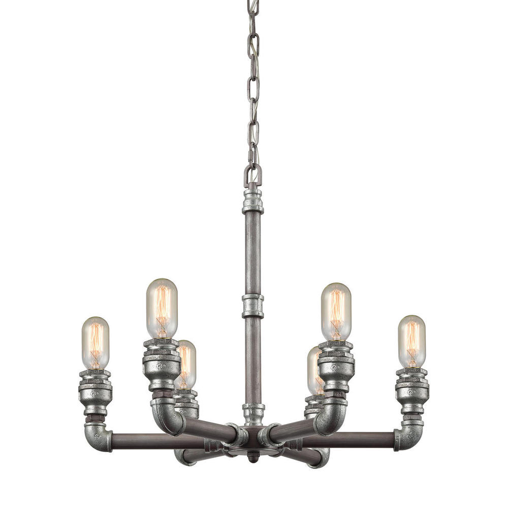 Cast Iron Pipe 6-Light Chandelier in Weathered Zinc (Optional Shades Available)