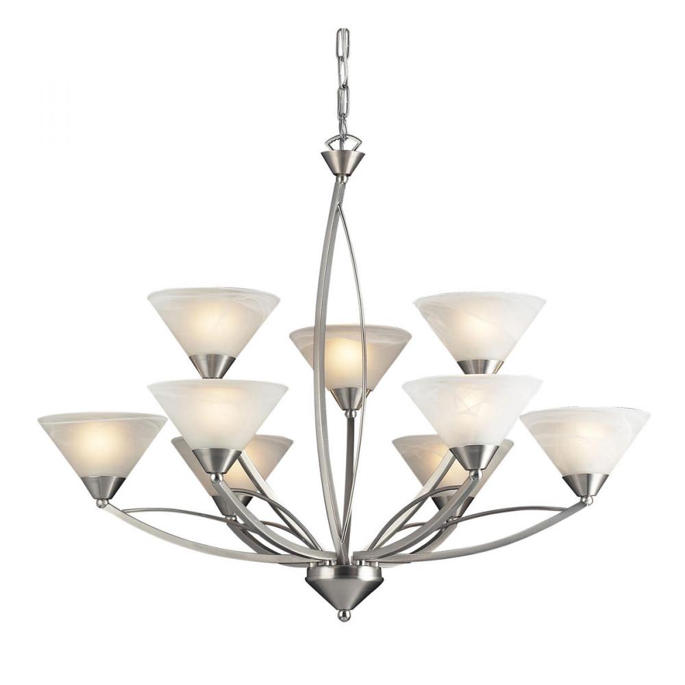 Elysburg 6+3-Light Chandelier in Satin Nickel with White Swirl Glass